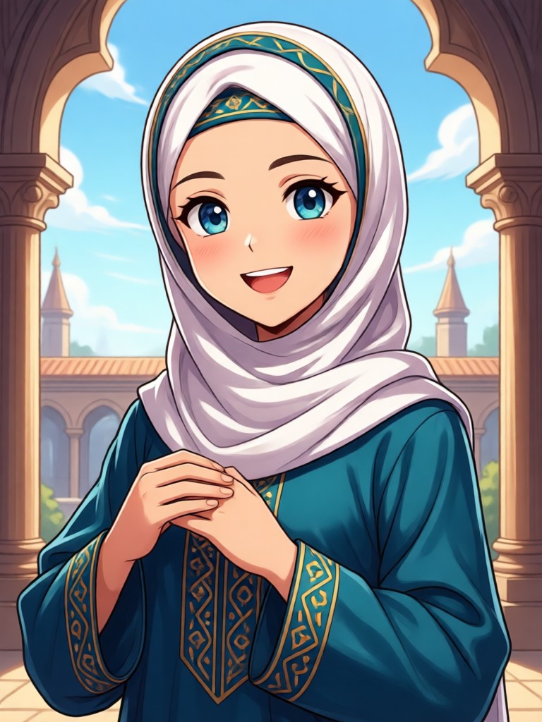 Muslim anime girl character with cultural accessories