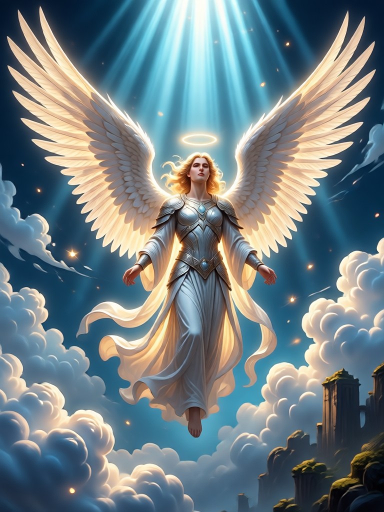 Cherub with glowing wings in a cloudy heaven