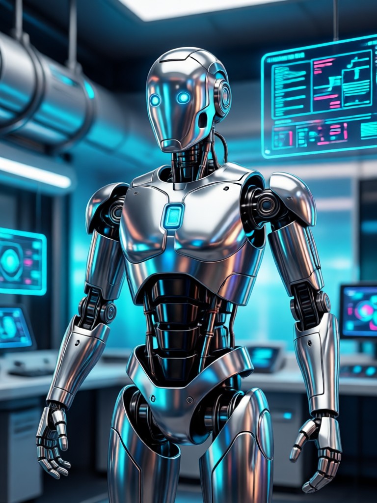 AI generated robot with intricate circuit board patterns on skin