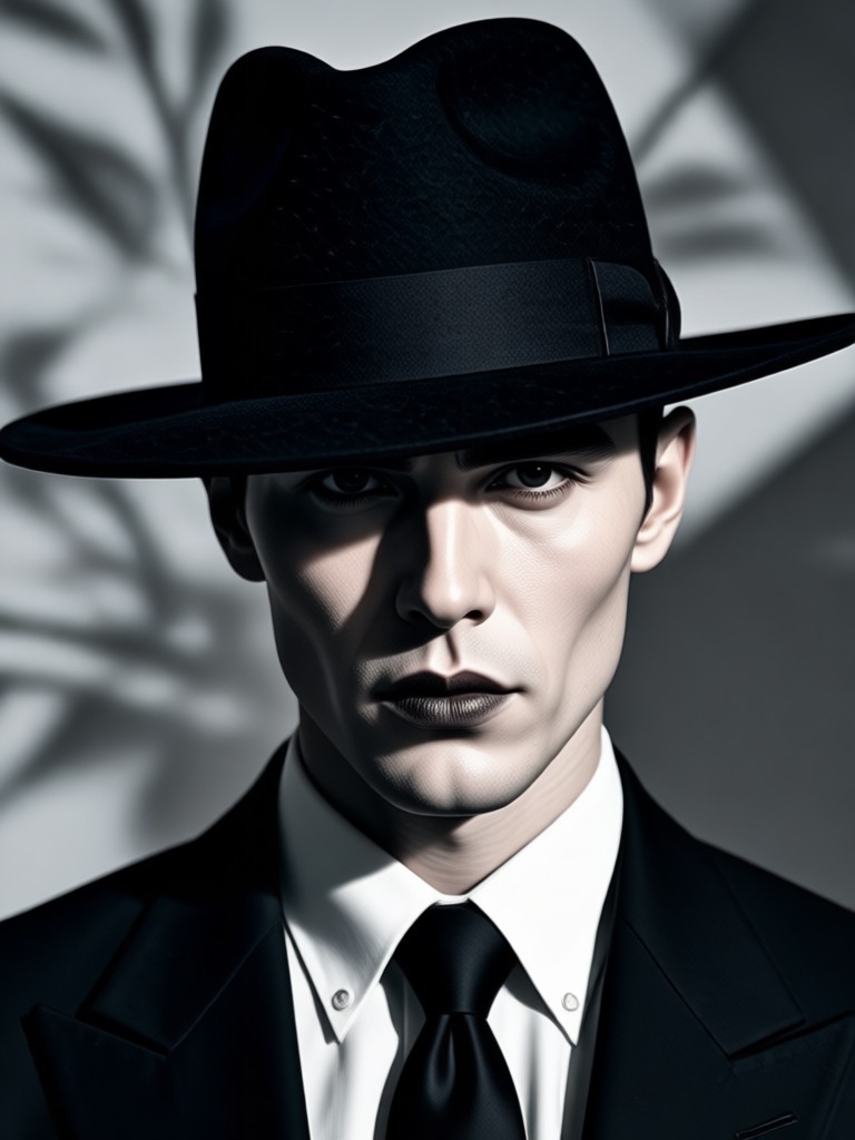 High contrast noir portrait with hat silhouette