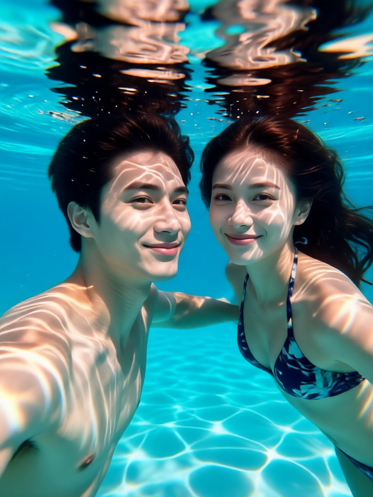 Couple portrait in clear blue ocean water with sunlight