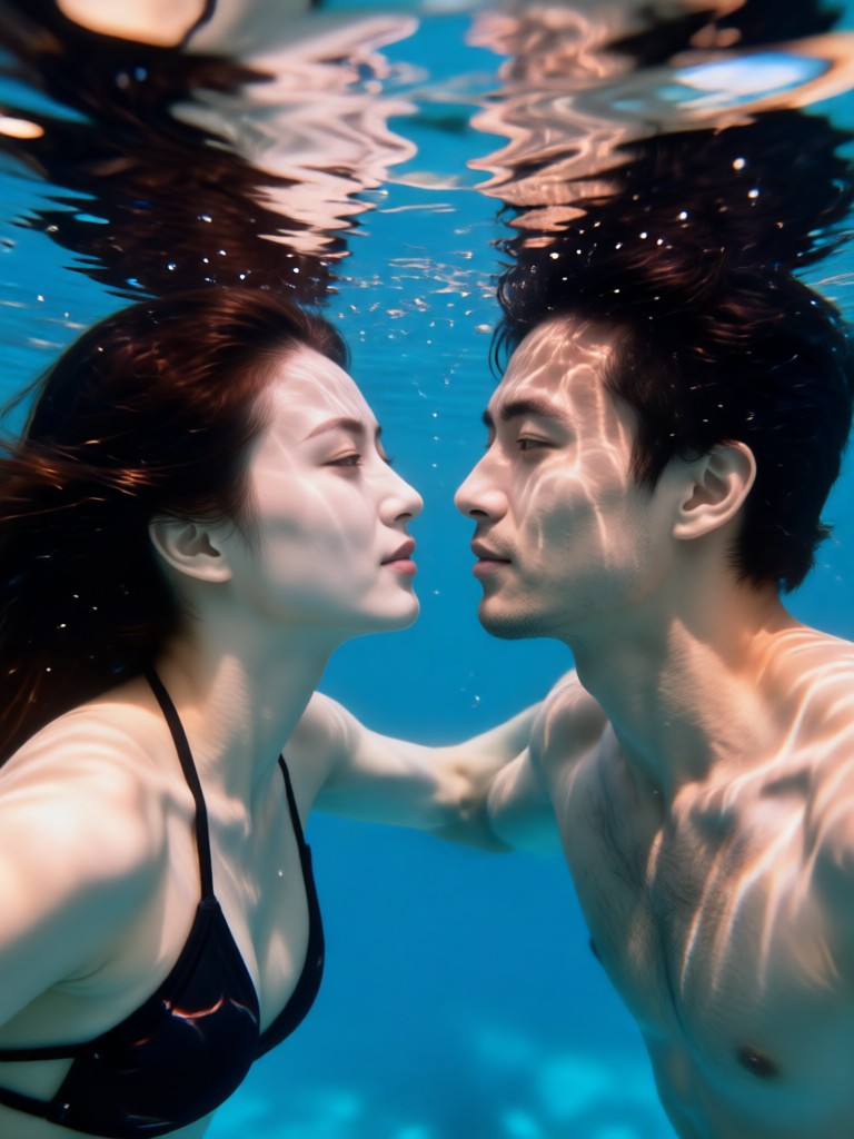 Tropical underwater couple portrait with coral backdrop