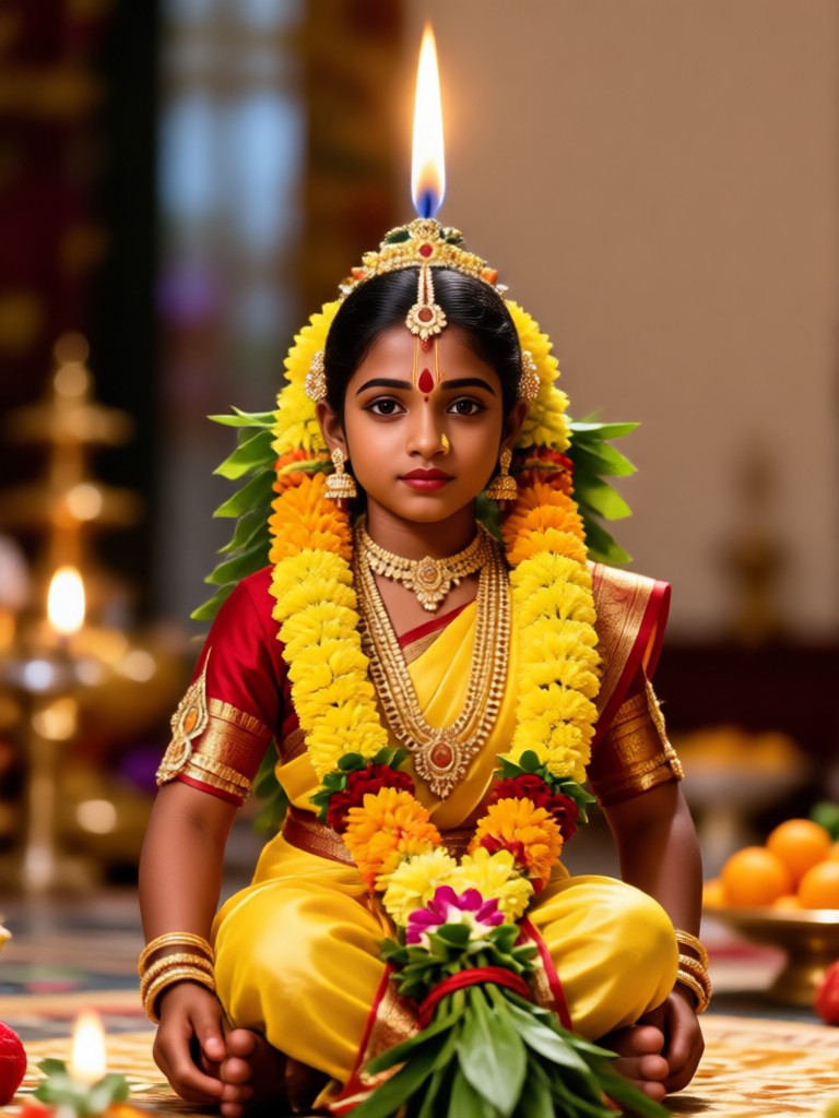 Festlicher KI-Hintergrund mit Rangoli für ein Vratham-Porträt