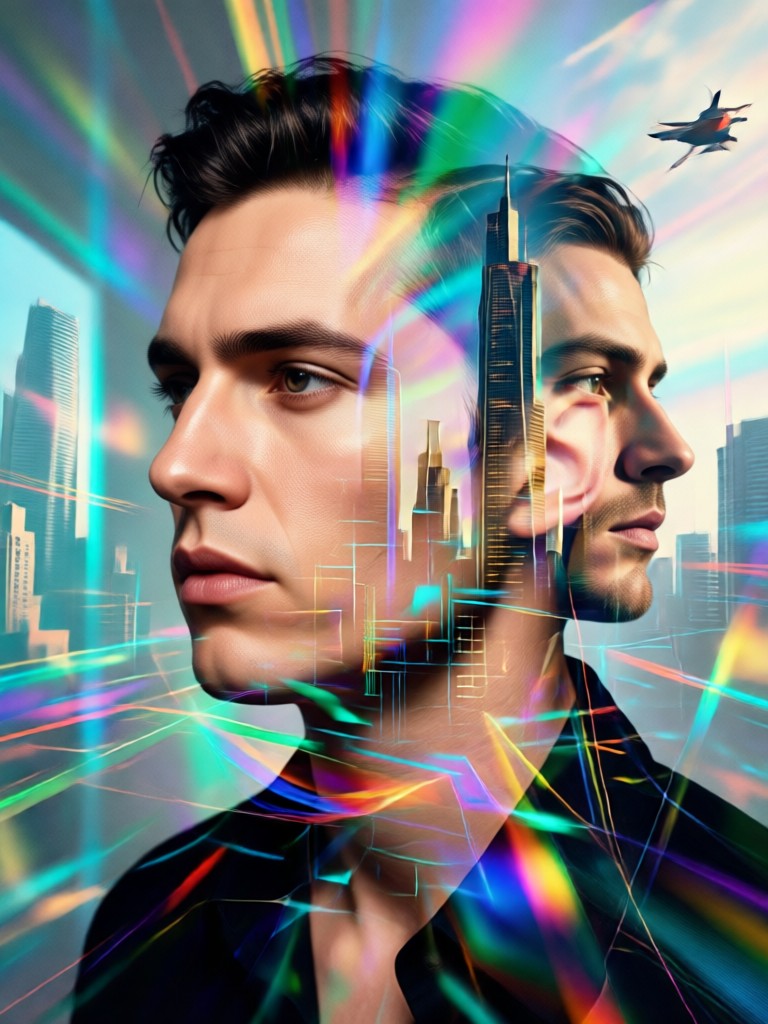 Electronic music cover with neon cityscape double exposure