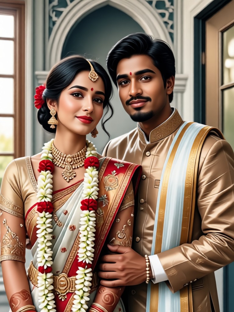 AI generated festive couple pose during Durga Puja