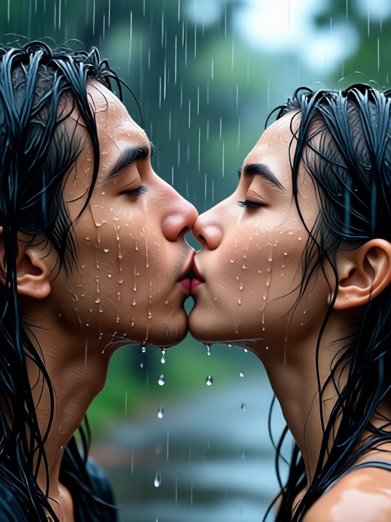 AI generated rainy kiss video from couple portrait photos