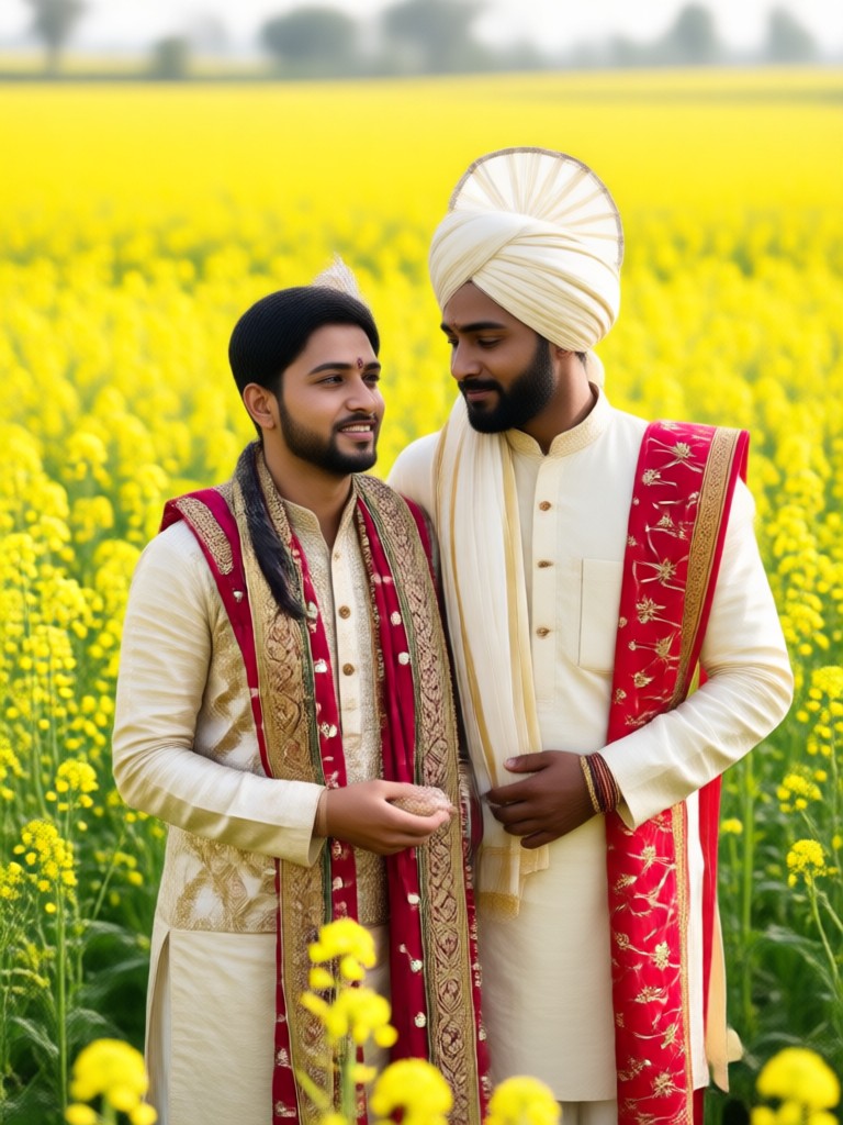 Couple running through mustard flowers