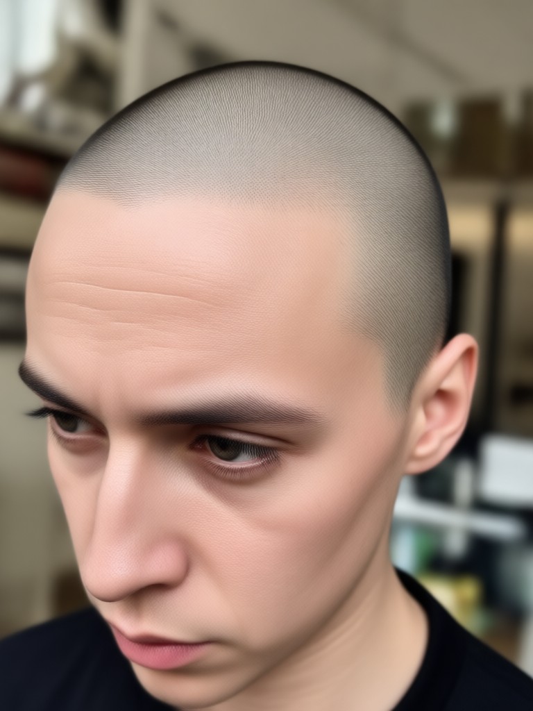 Smiling person with AI generated bald head