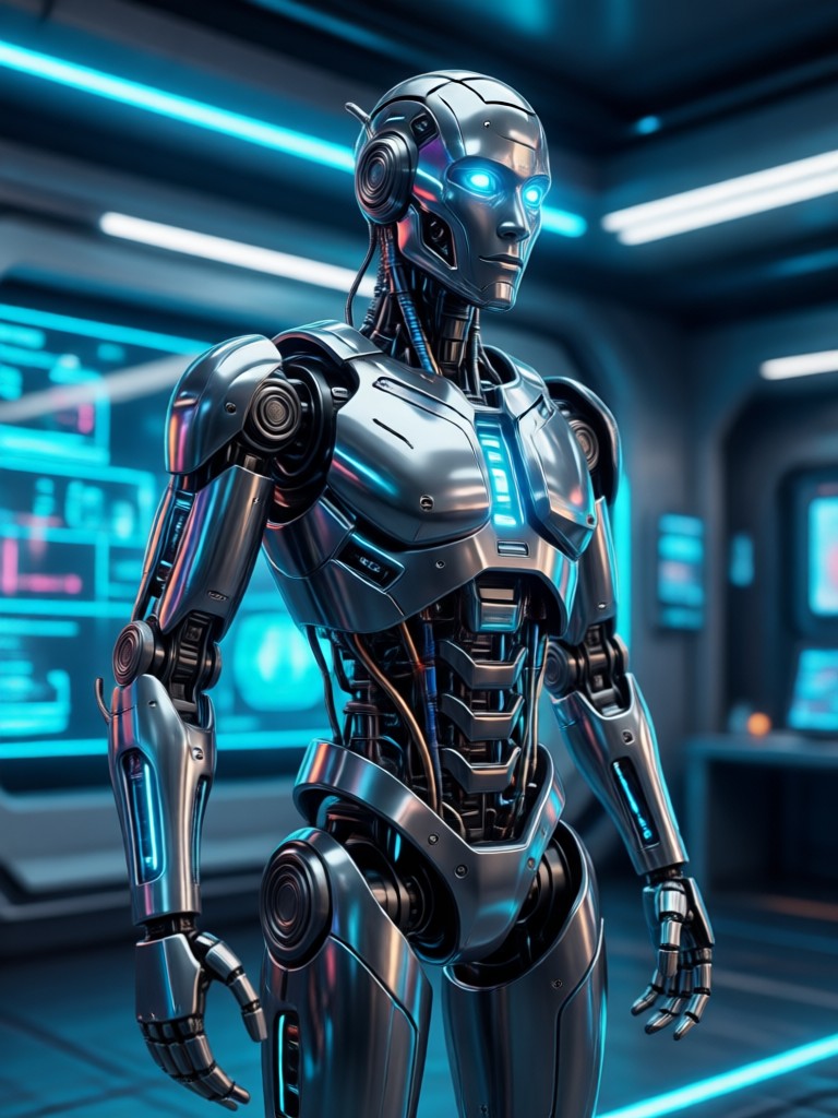 Cyborg portrait with half human, half robotic features