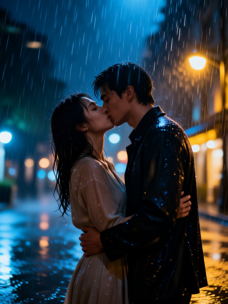 Soft focus romantic rainy scene