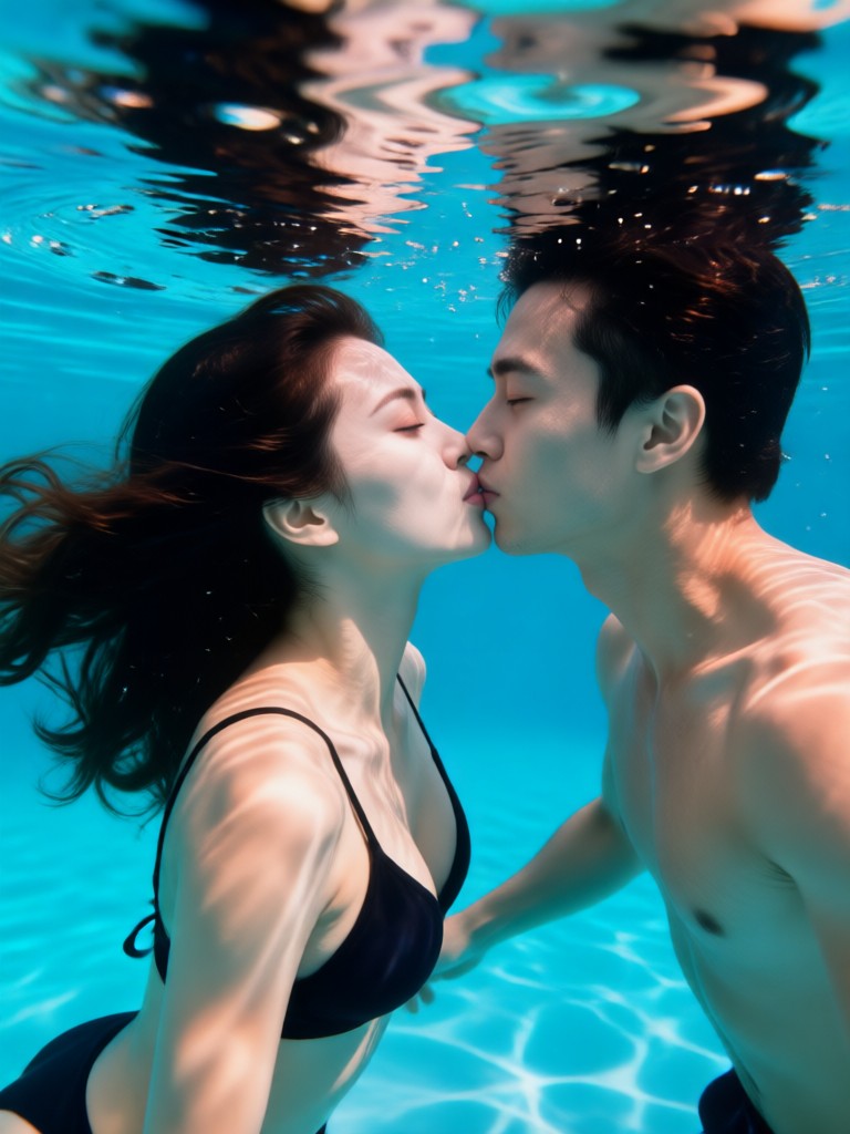 Sunset glow through water surface on couple portrait