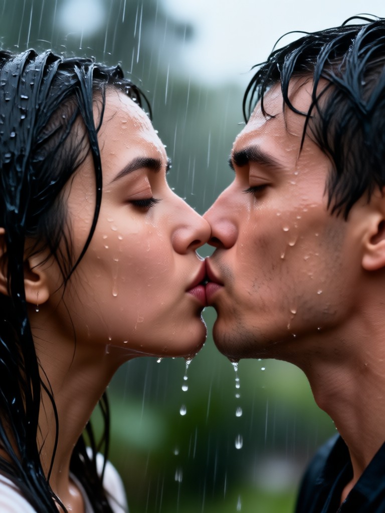 Realistic rain effects on an AI generated kiss