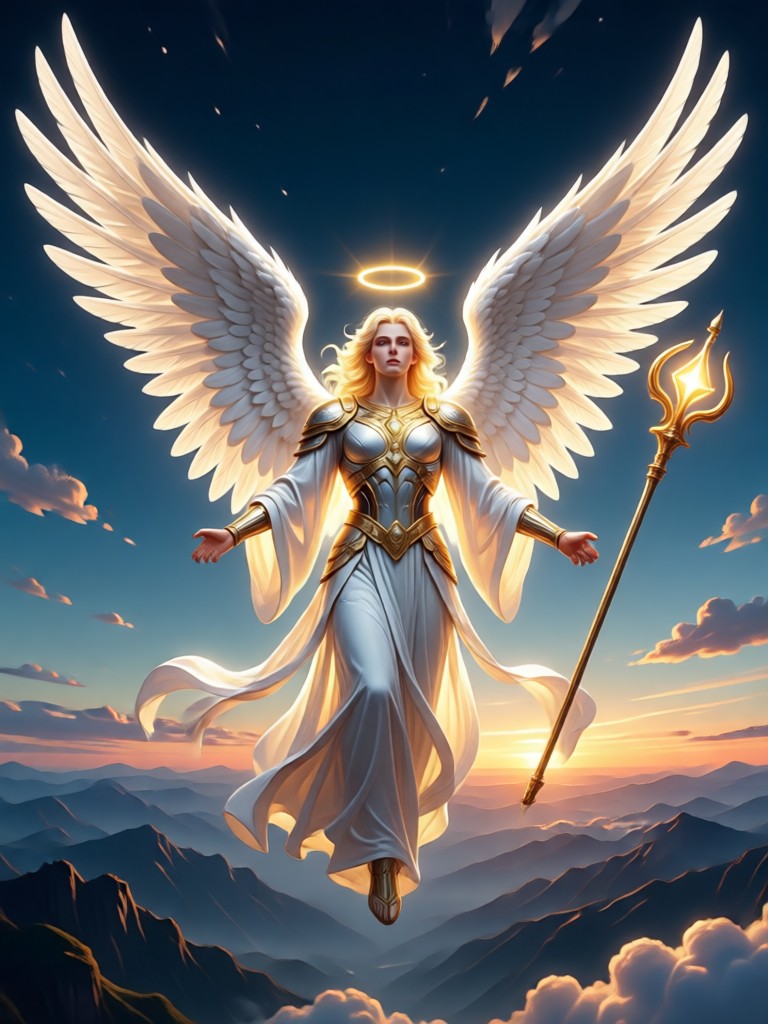 Ethereal watercolor style angel floating among clouds