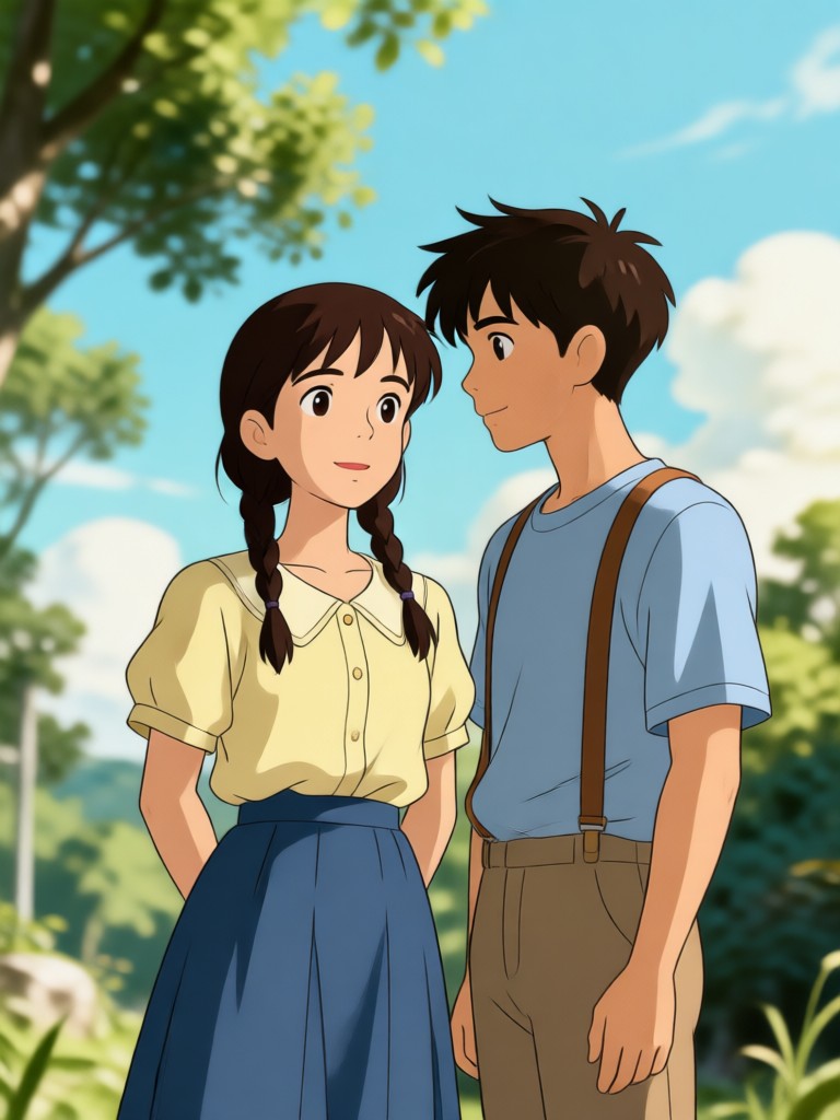Whimsical Ghibli art of couple in a flower field