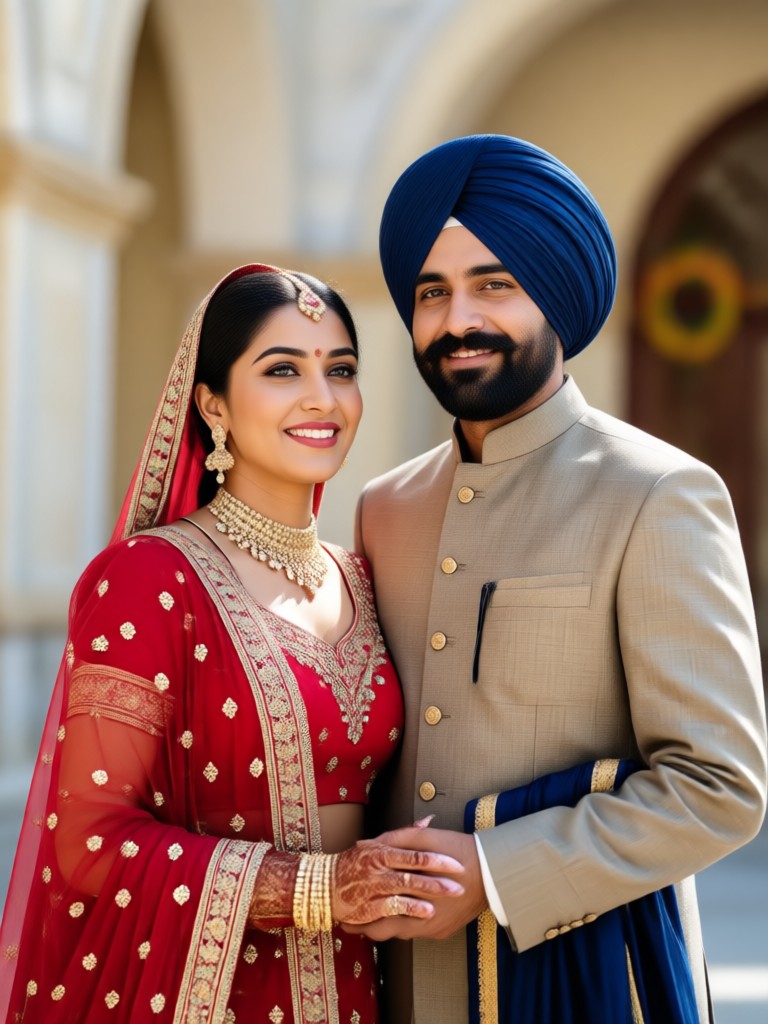 AI generated couple in blue and silver Punjabi attire