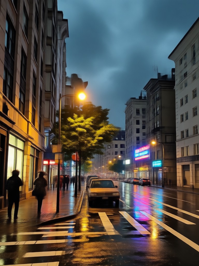 Cyberpunk styled rain hug with holographic city lights
