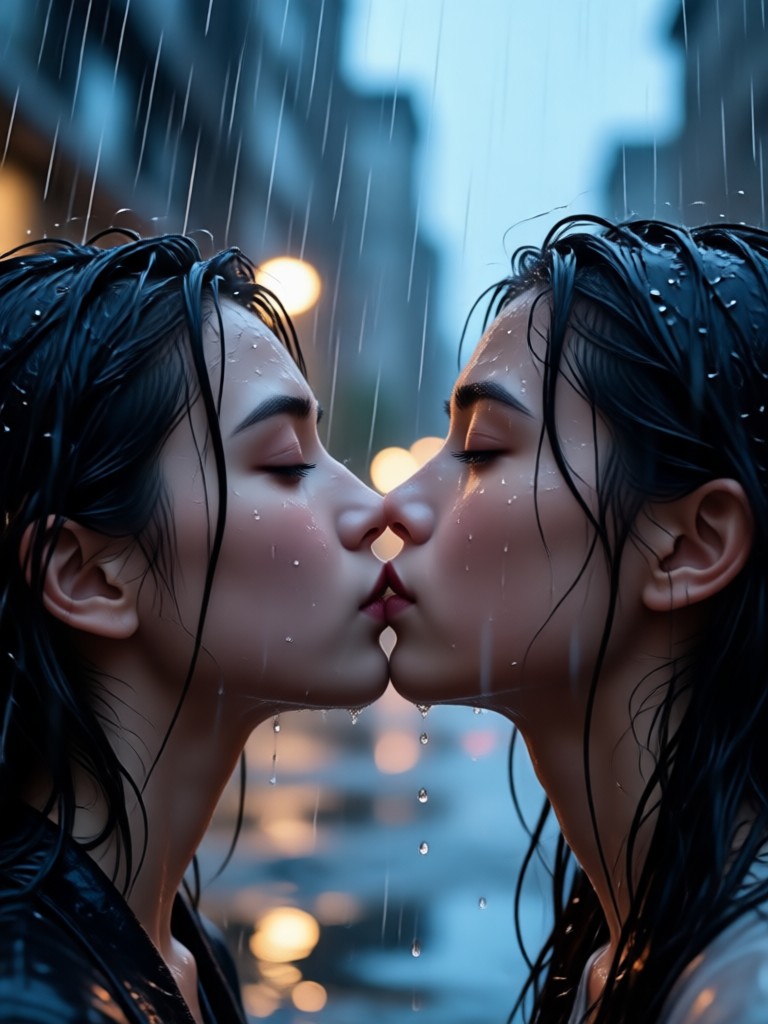 Epic cinematic monsoon night kiss scene generated by AI