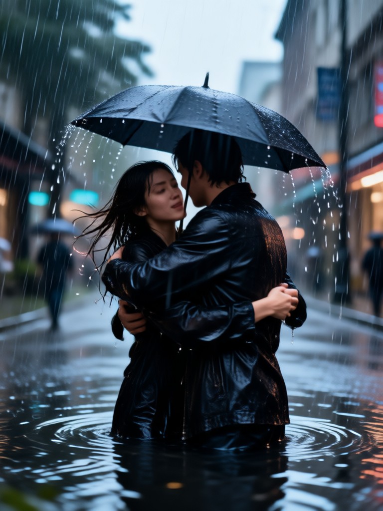 cinematic slow motion rain hug on a city street