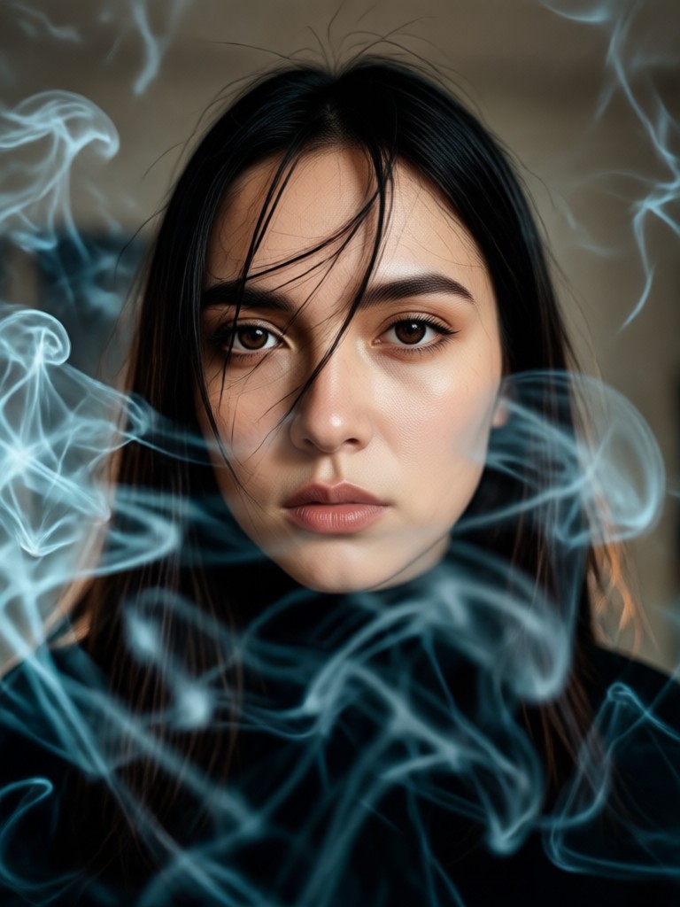 dramático retrato cinematográfico con humo en blanco y negro