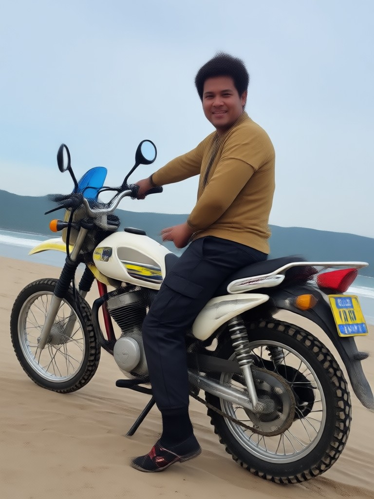 AI adventure bike portrait with rider on a rocky coastline