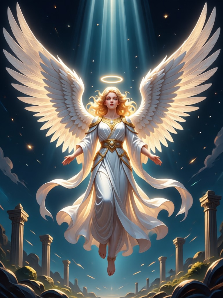 Arcángel majestuoso con enormes alas de plumas y armadura