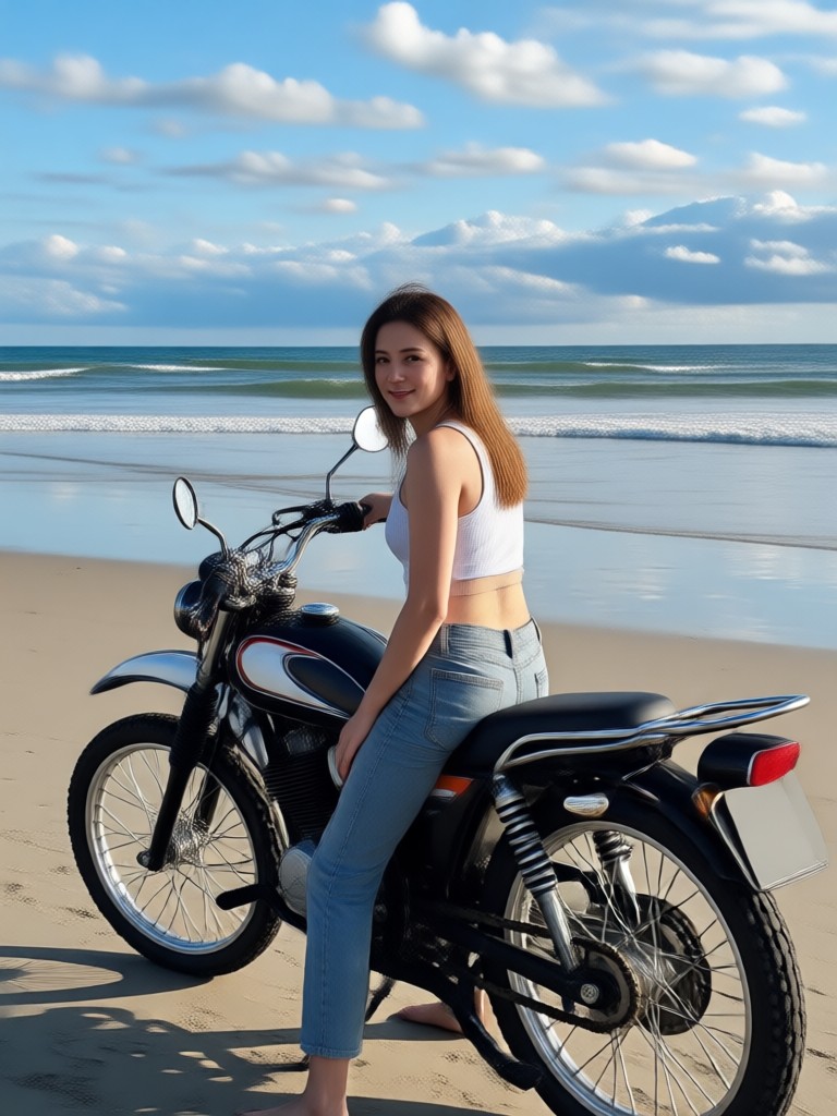 Custom chopper parked on a white sand beach generated by AI