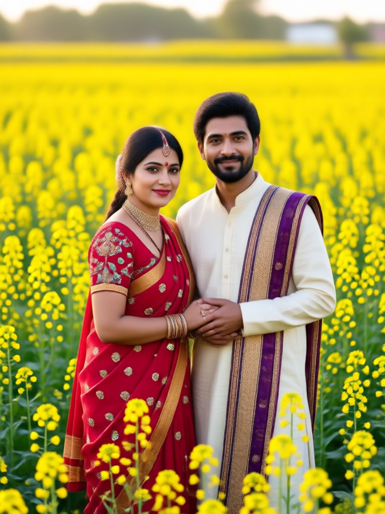 Evening portrait with lanterns in mustard field