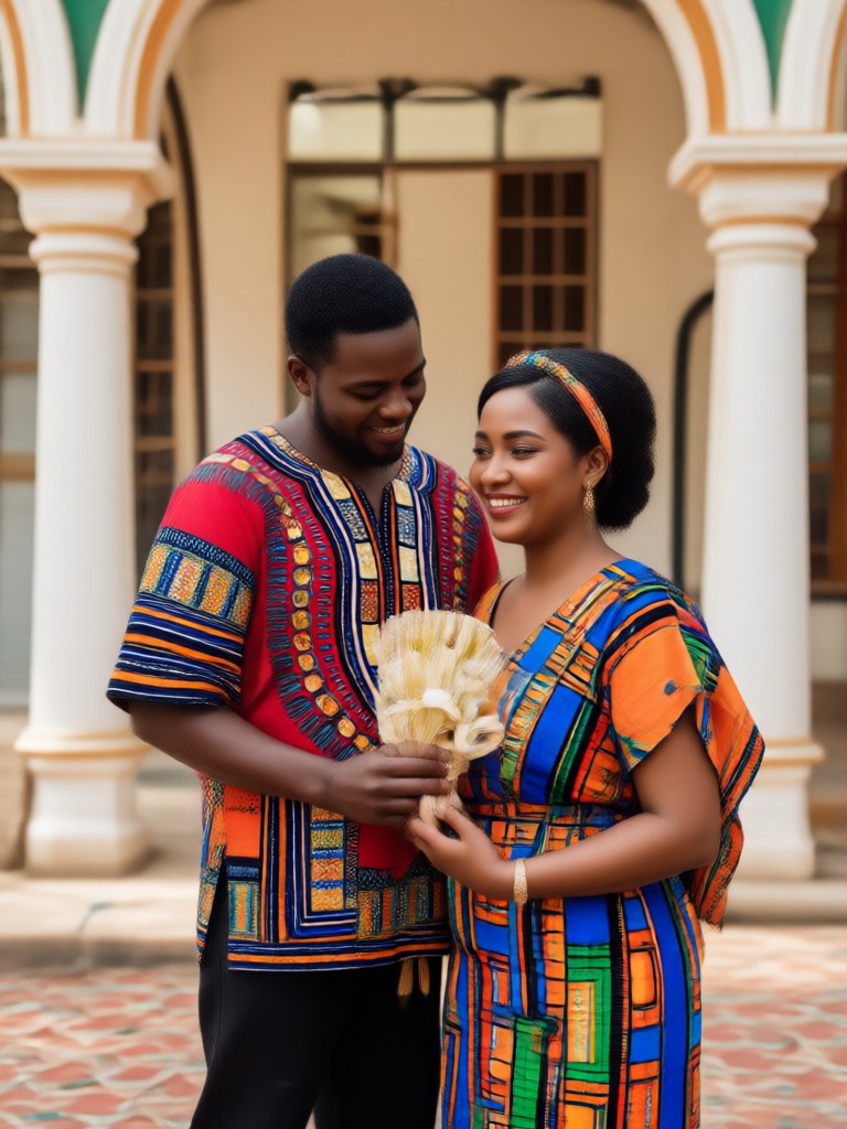South African couple styled in beautiful Shweshwe fabric