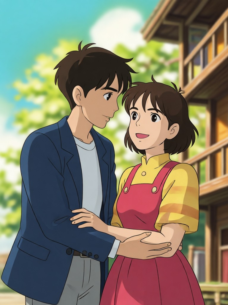 Studio-Ghibli-inspirierte romantische Paarkunst