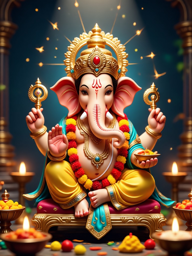 Foto Dewa Ganesha hasil AI dengan dekorasi bunga