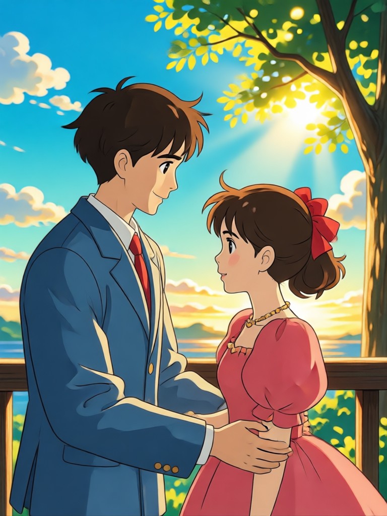 Studio Ghibli inspired couple under a starry sky