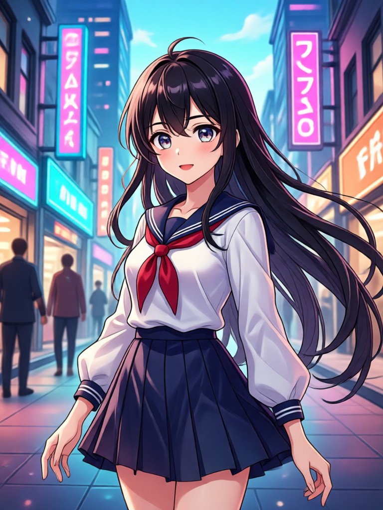 Paisagem urbana cyberpunk em arte anime com luzes neon e efeitos de chuva