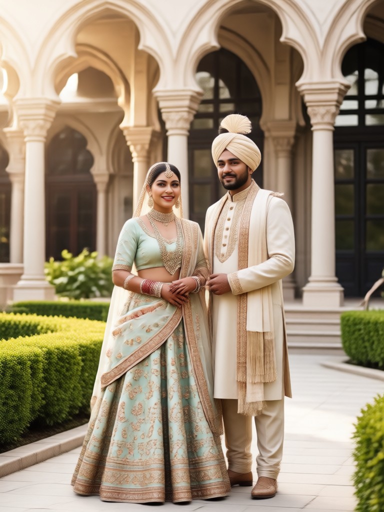Traditionelles rotes Lehenga und goldener Sherwani Paarfoto