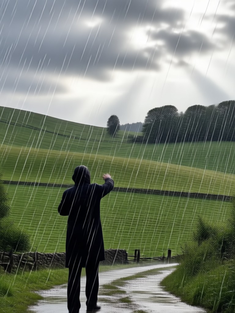 Cozy stone cottage with rain on window AI art