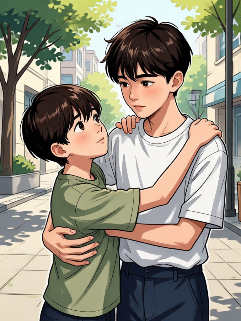Ghibli inspired anime style emotional hug scene