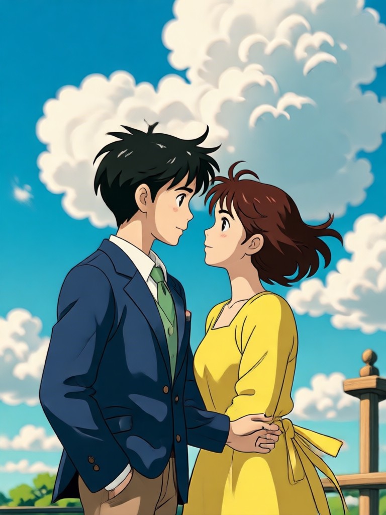 Watercolor Ghibli couple portrait with catbus