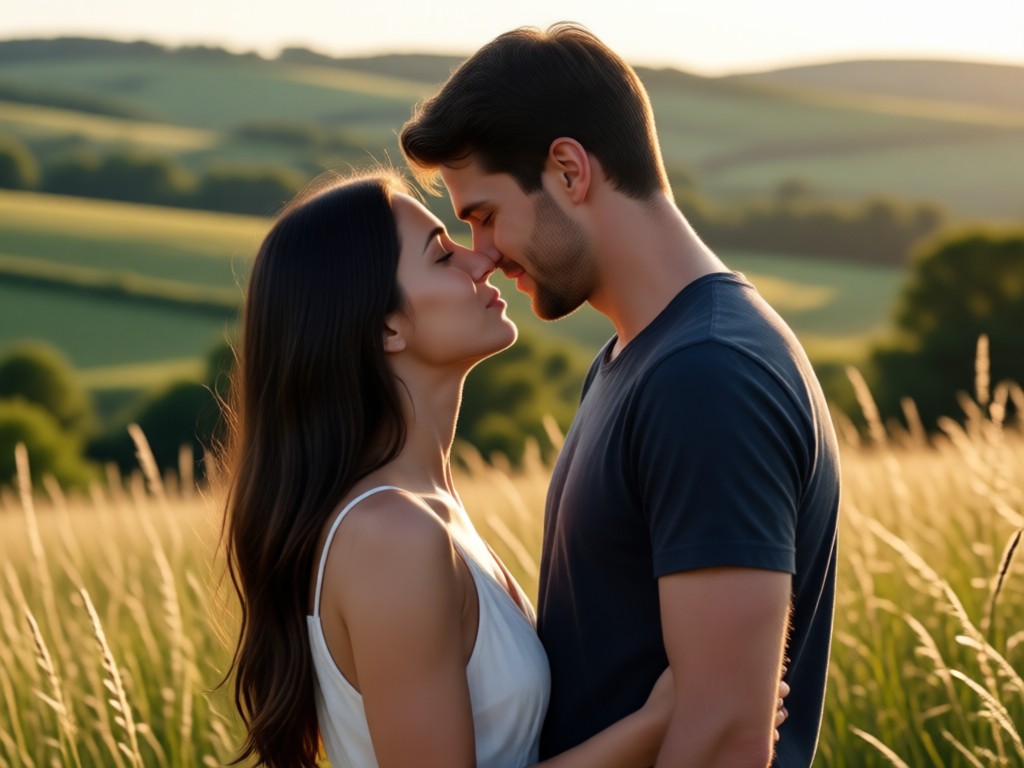 Comparison between photo and AI generated countryside kiss video