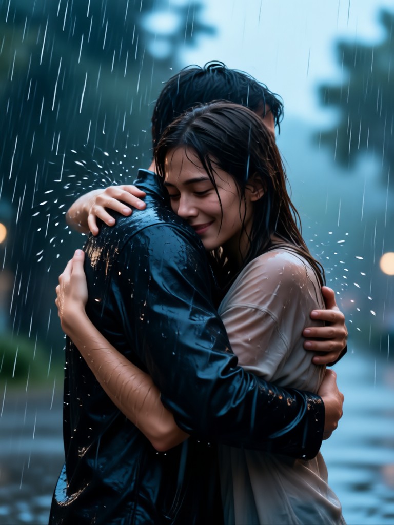 Realistic rain on jacket and hair detail video