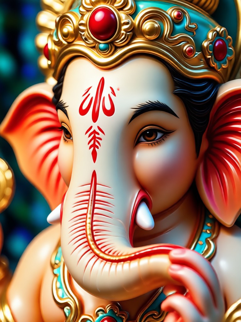 Close up focus on AI Ganpati's eyes and benevolent smile