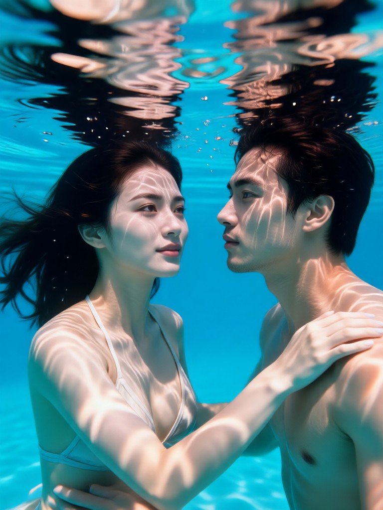 Deep blue ocean couple portrait with bioluminescent effects
