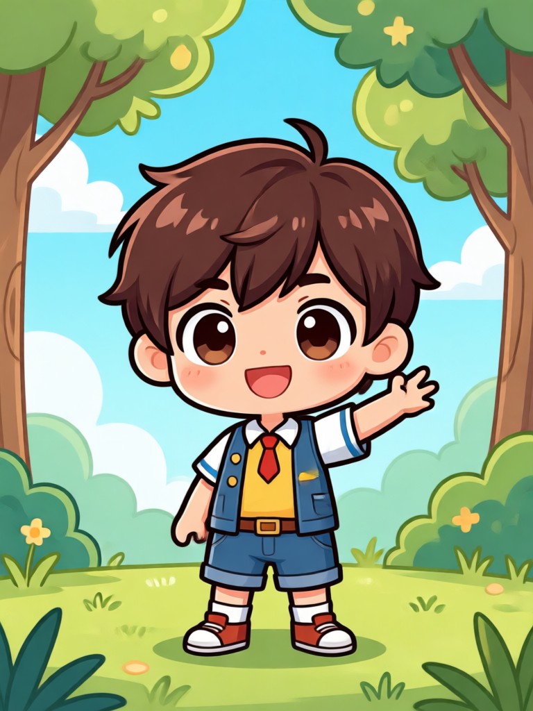 Menino chibi animado com pose de super-herói