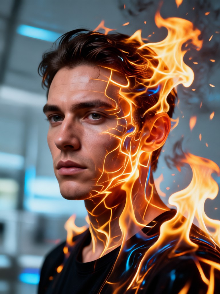 Portrait fused with volcanic lava flow