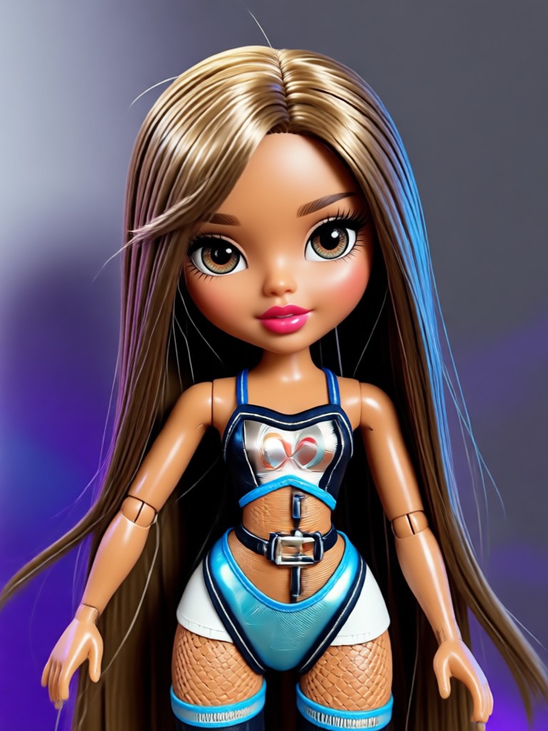 Muñeca Bratz con sombras de ojos y labios azules vibrantes