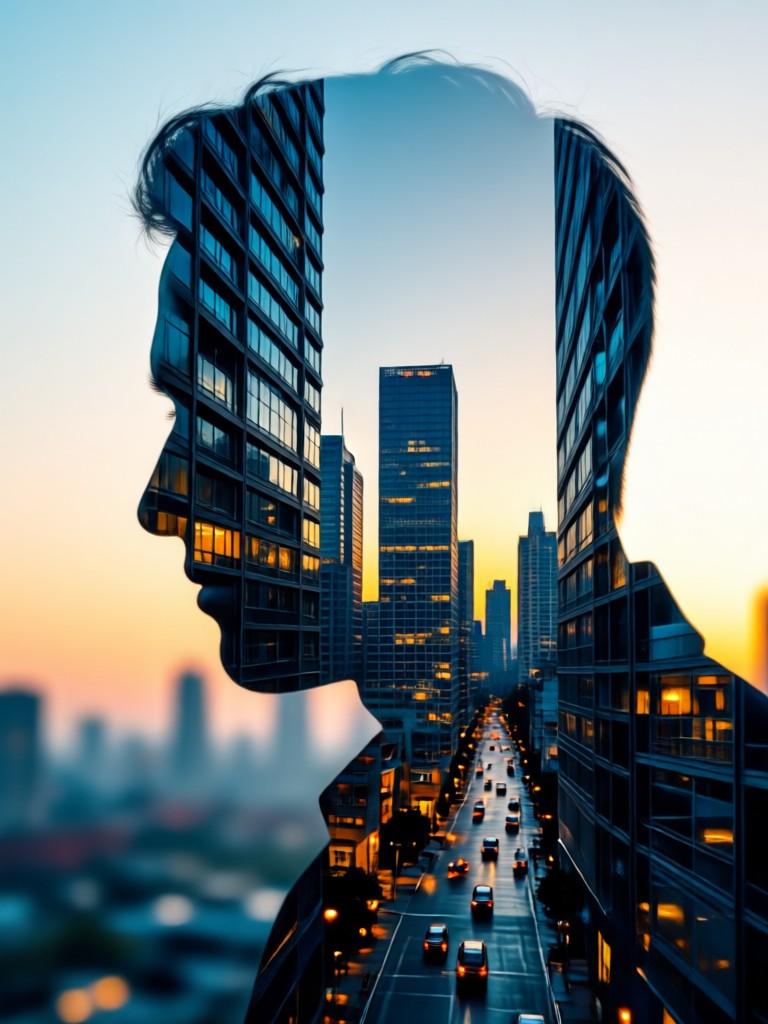 minimalist line art double exposure effect