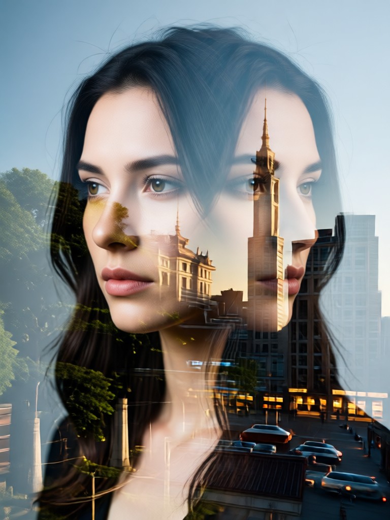 Double exposure abstrak dengan bentuk dan garis geometris