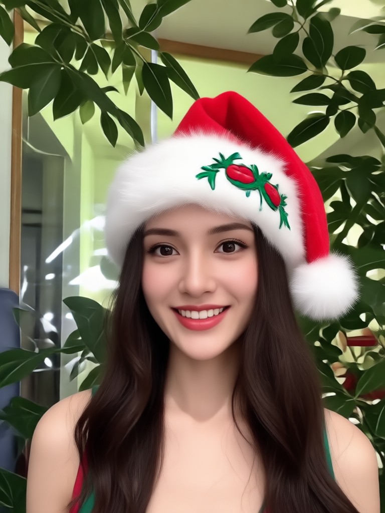 Anime character styled with Christmas hat filter