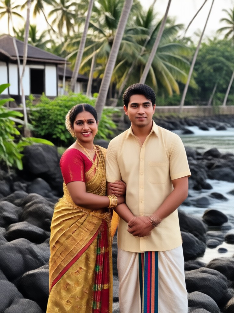 Traditional Kerala couple posing with ceremonial lamp