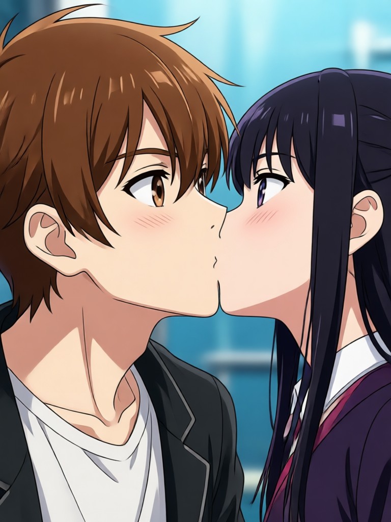 Romantic anime kiss at sunset, golden hour lighting