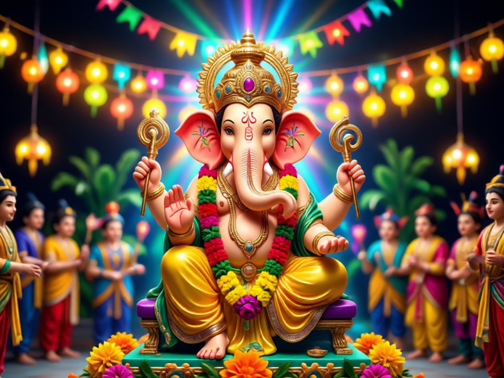 Vergleich zeigt ein einfaches Foto, das in ein festliches KI-Ganpati-Bild verwandelt wurde