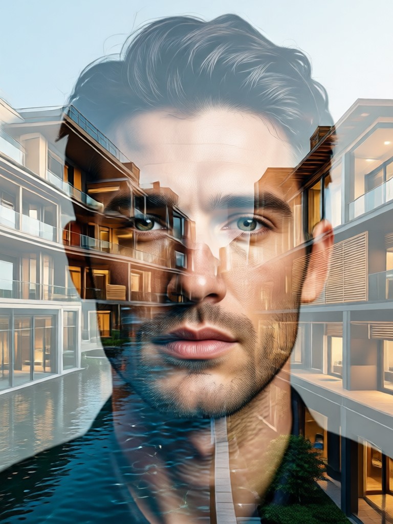double exposure portrait with a musician and the organic forms of concert hall interiors
